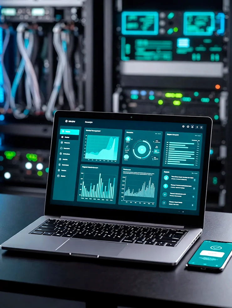 Ноутбук с панелью управления сервером и смартфон с уведомлением об успешном бэкапе