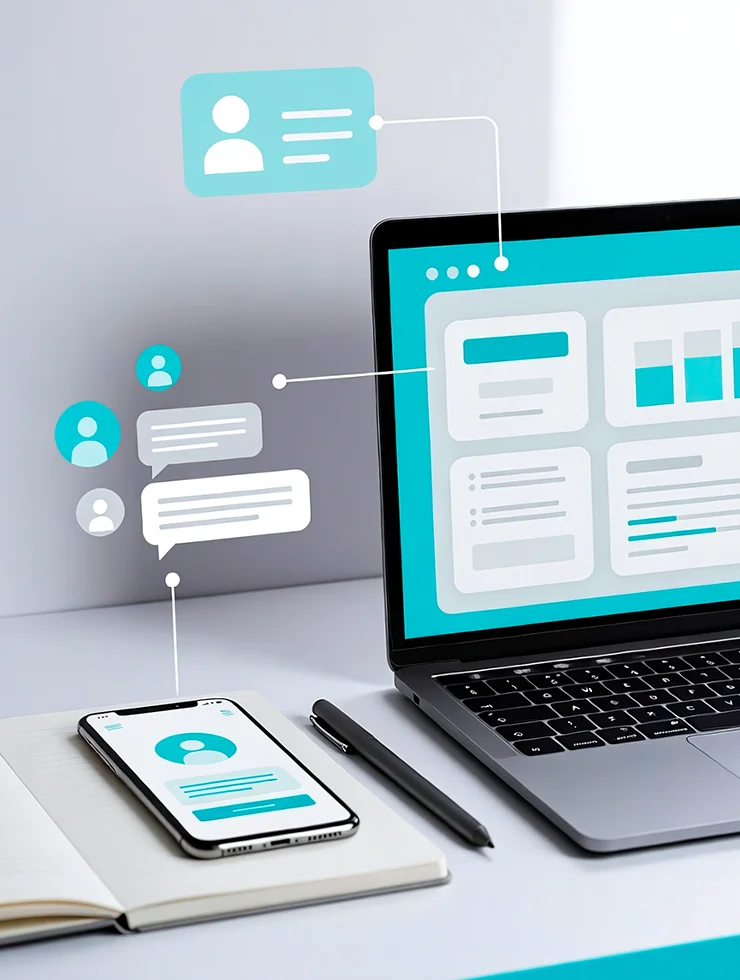 Смартфон с чат-ботом и ноутбук с CRM на рабочем столе
