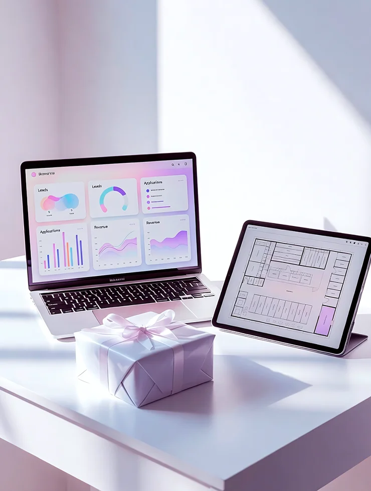 Ноутбук с аналитикой, план стенда и подарочная коробка как единый маркетинговый комплекс