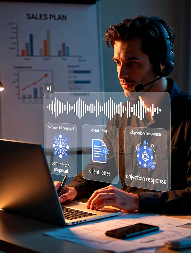 Менеджер продаж работает с AI-ассистентом над коммерческим предложением