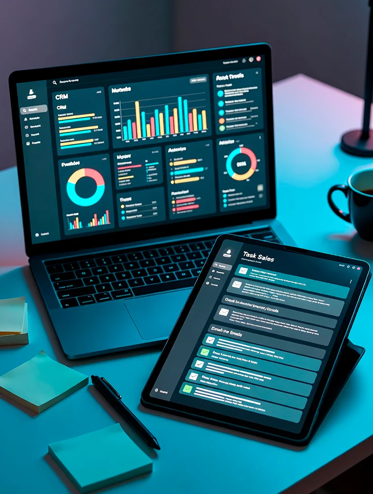 Панель CRM и окно AI-ассистента на рабочем столе