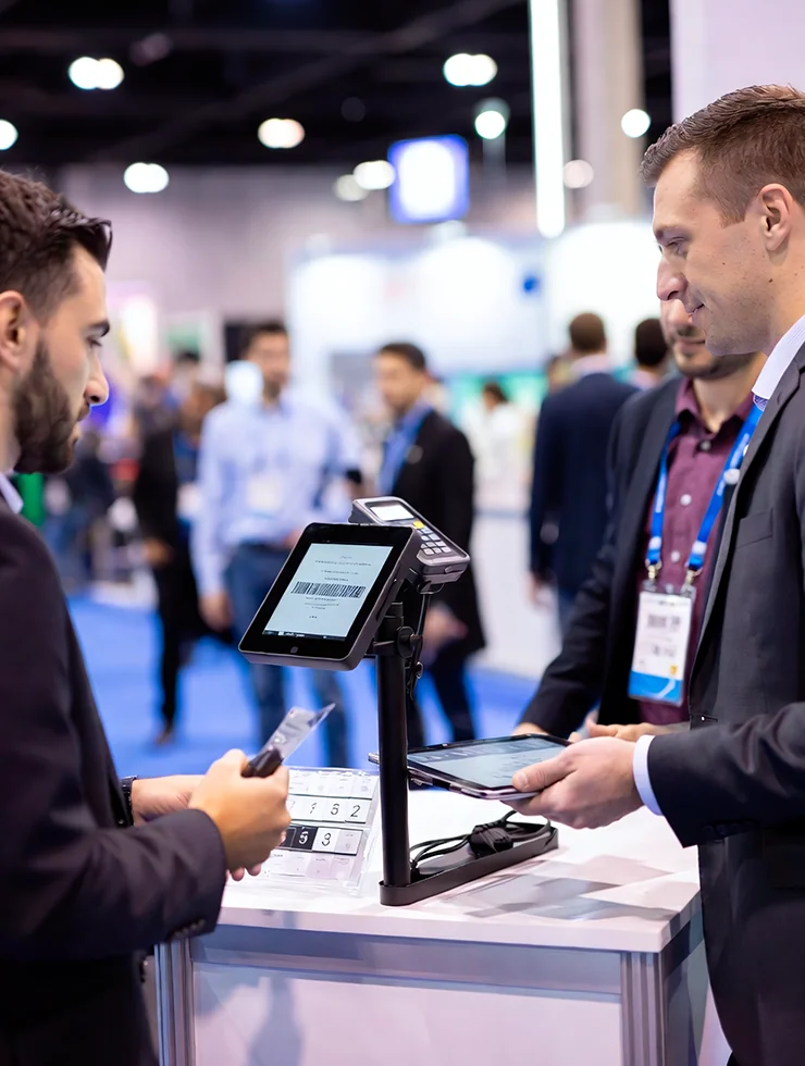 Менеджер сканирует бейдж посетителя на выставочном стенде