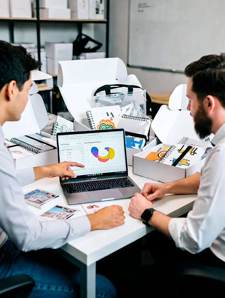 Маркетолог и офис-менеджер разбирают коробки с мерчем в офисе