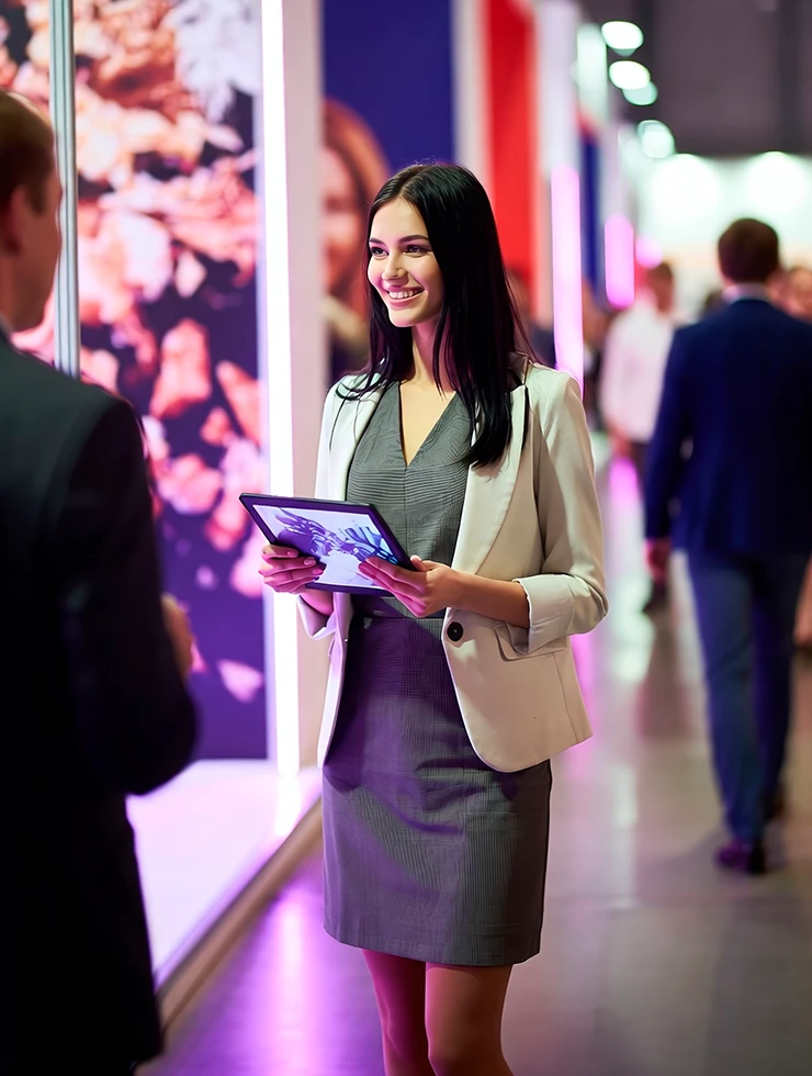 Стойка на выставочном стенде, менеджер общается с посетителем и вносит данные в планшет