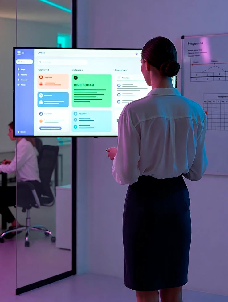 Офис после выставки, команда анализирует лиды и сделки в CRM