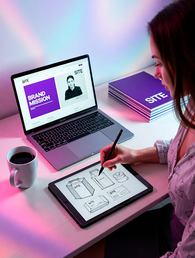 Команда обсуждает визуальные и коммуникационные элементы бренда на стене офиса