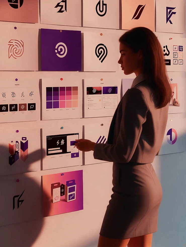 Дизайнер работает над цифровыми материалами бренда на ноутбуке и планшете