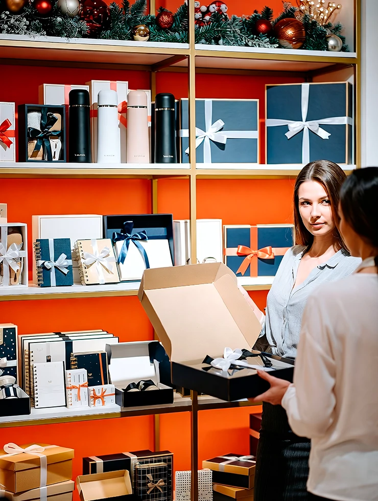 Шоурум корпоративных подарков и сувениров с подарочными наборами на стеллажах