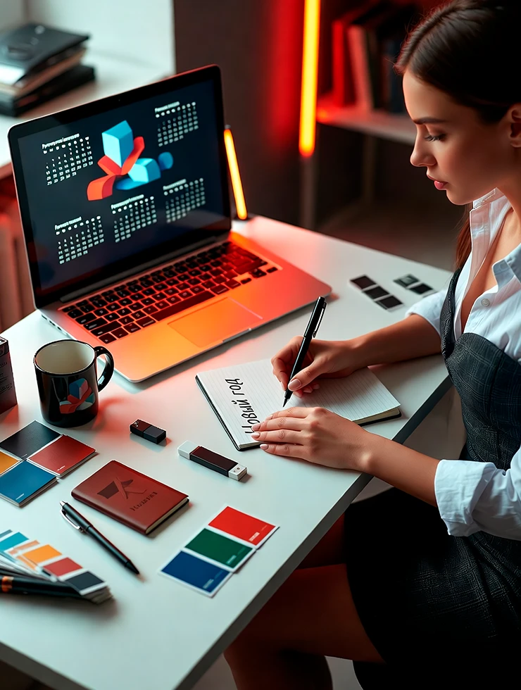 Образцы сувенирной продукции и план-график подготовки новогодней кампании на столе