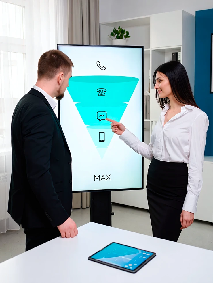 Диаграмма воронки продаж с отдельным каналом мессенджера MAX на экране ноутбука