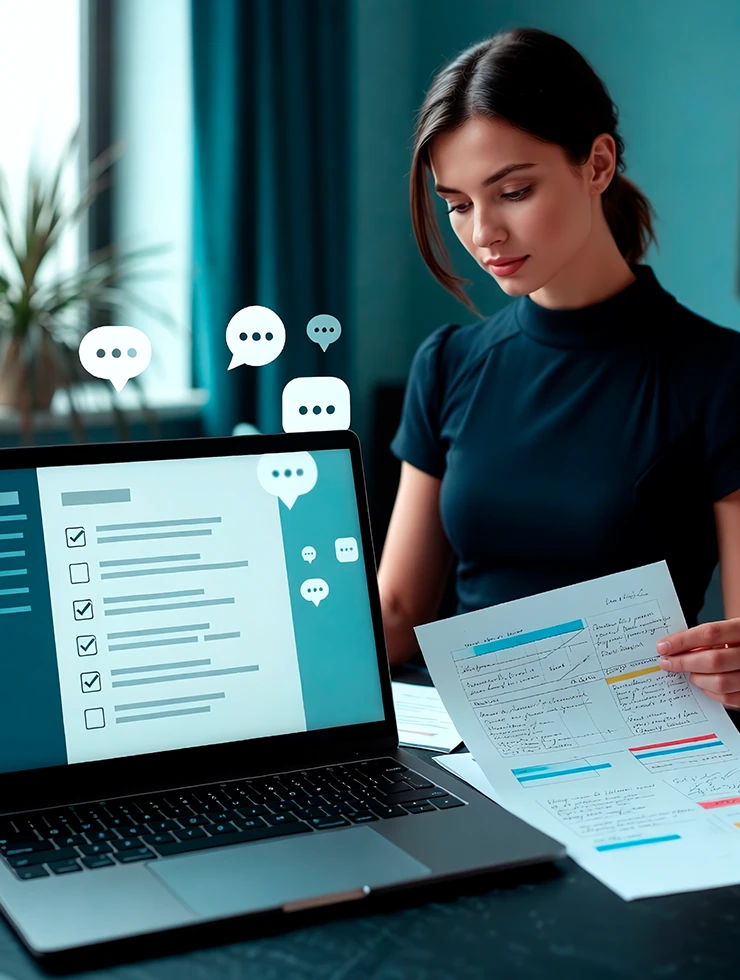 Рабочее место с ноутбуком и распечатанным чек-листом брифа на чат-бот