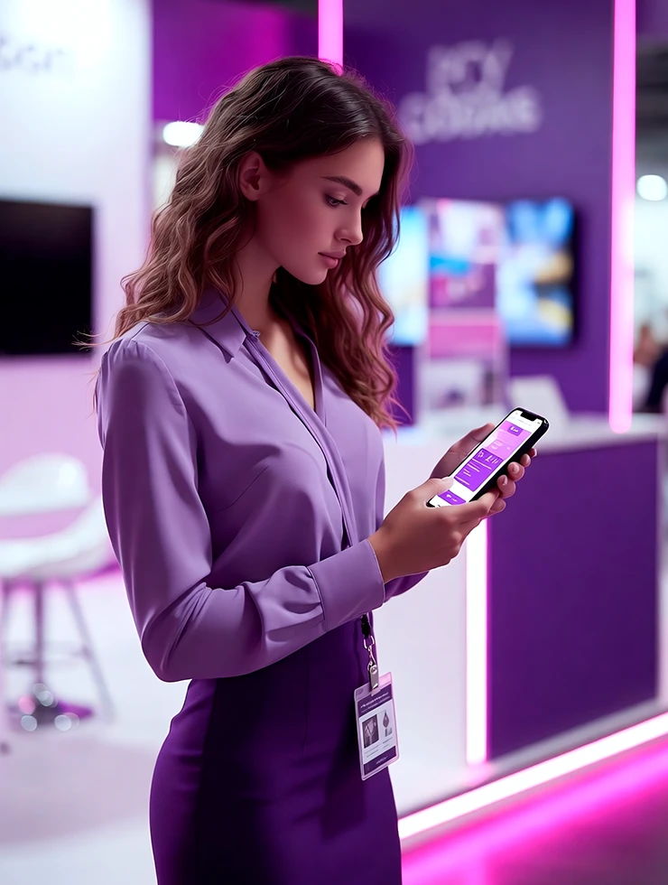 Менеджер на выставочном стенде сканирует бейдж посетителя смартфоном