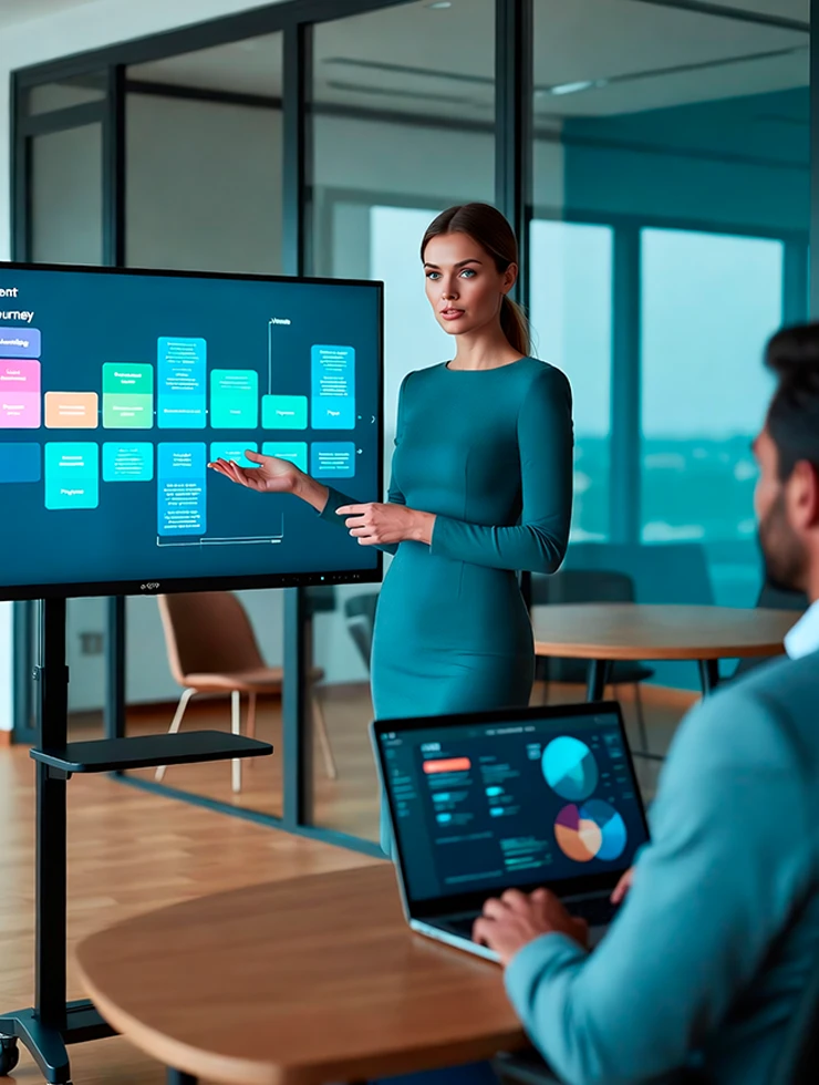 Команда обсуждает дашборд сквозной аналитики с путём клиента от рекламы до сделки