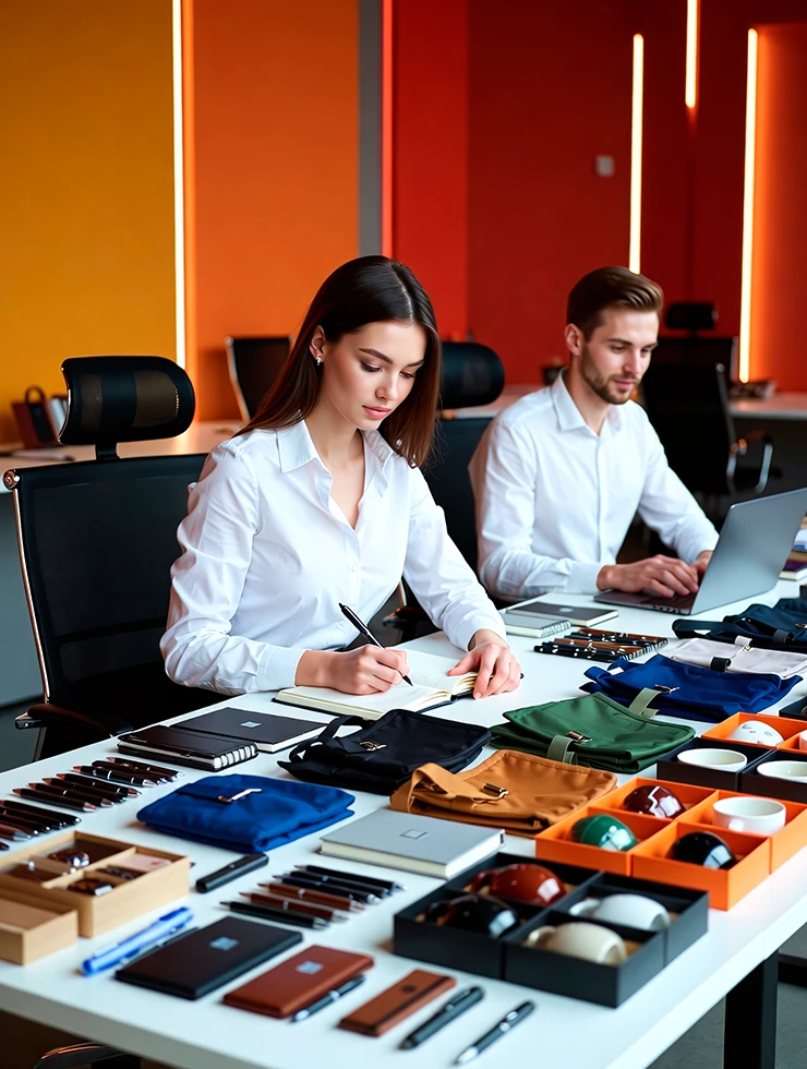 Команда выбирает сувениры и подарки для выставочного стенда