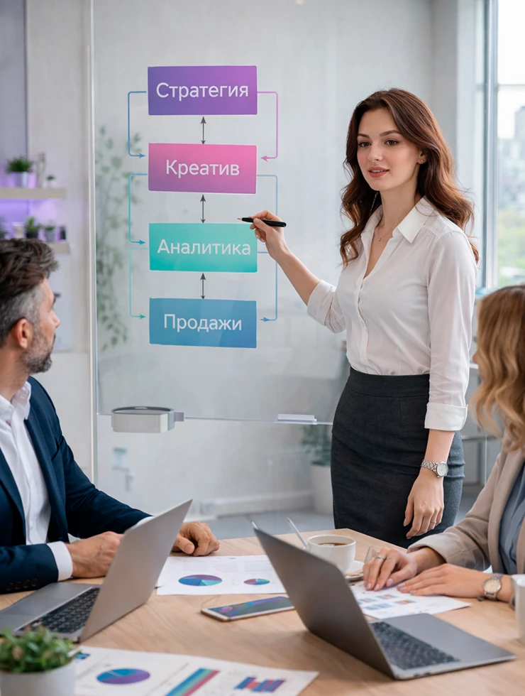 Команда обсуждает стратегию, аналитику и KPI рекламного проекта у стеклянной доски