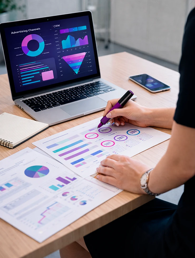 Руководитель анализирует отчёт агентства с KPI и каналами привлечения