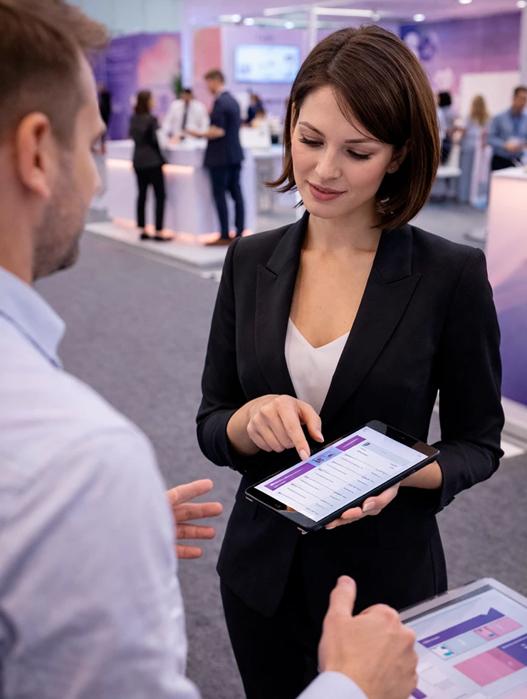 Команда обсуждает план участия в выставке, схему стенда и бюджет проекта