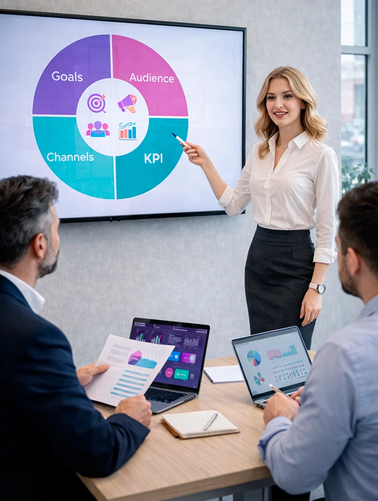 Команда обсуждает цели, KPI и стратегию перед выбором рекламного агентства