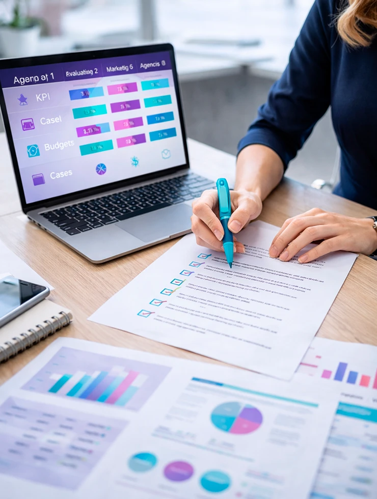 Руководитель сравнивает предложения агентств и список вопросов до договора