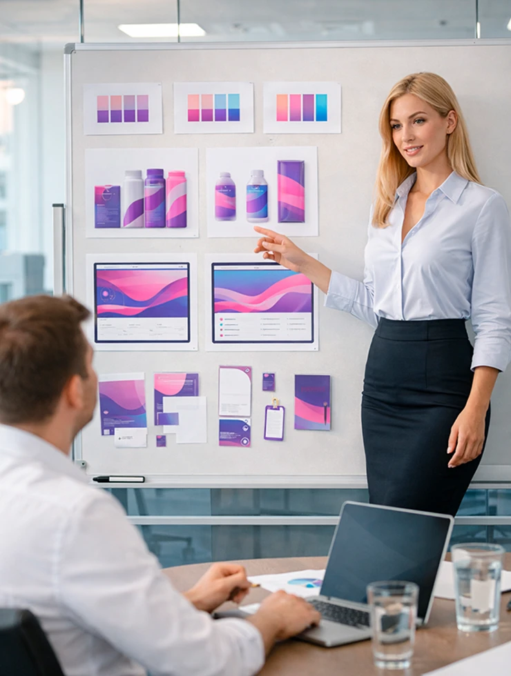 Команда обсуждает варианты обновления фирменного стиля и позиционирования бренда