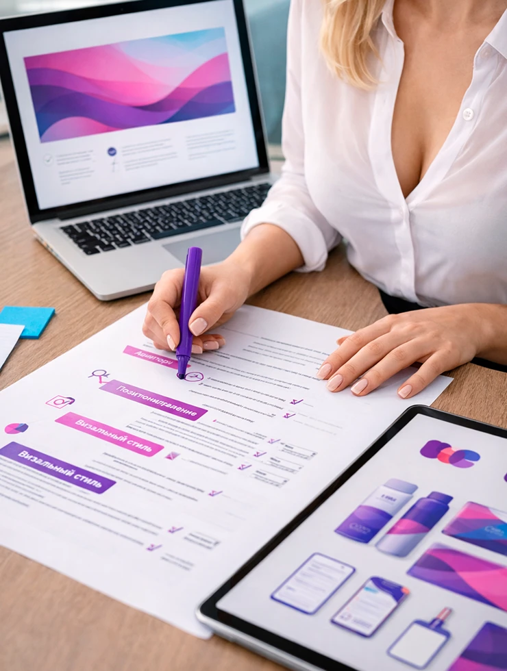 Рабочий стол с документами по позиционированию, вариантами логотипа и фирменного стиля